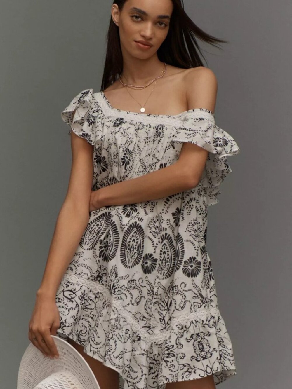 Maeve Flutter Sleeve Babydoll Mini Dress - Medium - Anthropologie white black